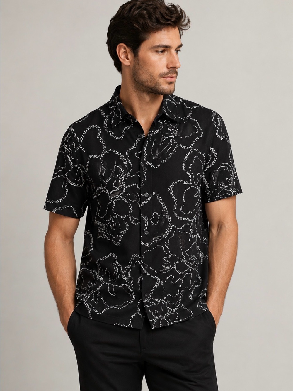 Ted Baker “Ashby” Black Short-Sleeve Floral-Print Shirt